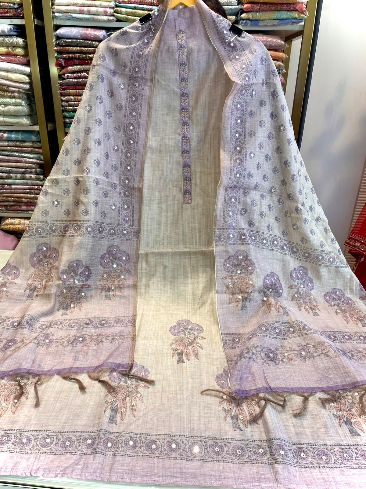 Elegant Linen Cotton Unstitched Suit with Double Shade Knot Work Dupatta