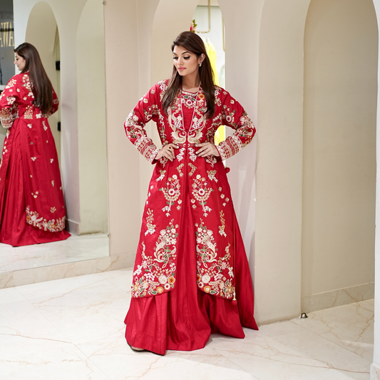 Red Embellished Jacket with Skirt
