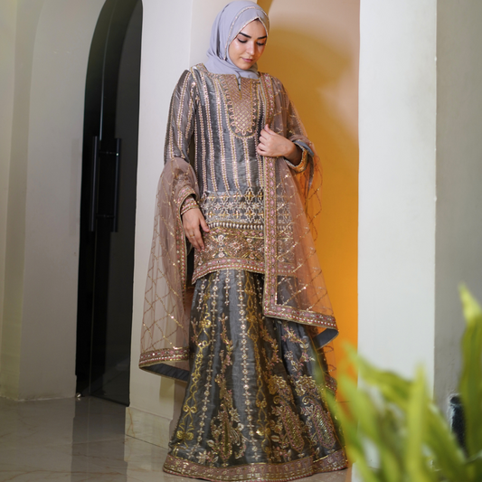 Metallic Grey Hand Embellished Garara Suit