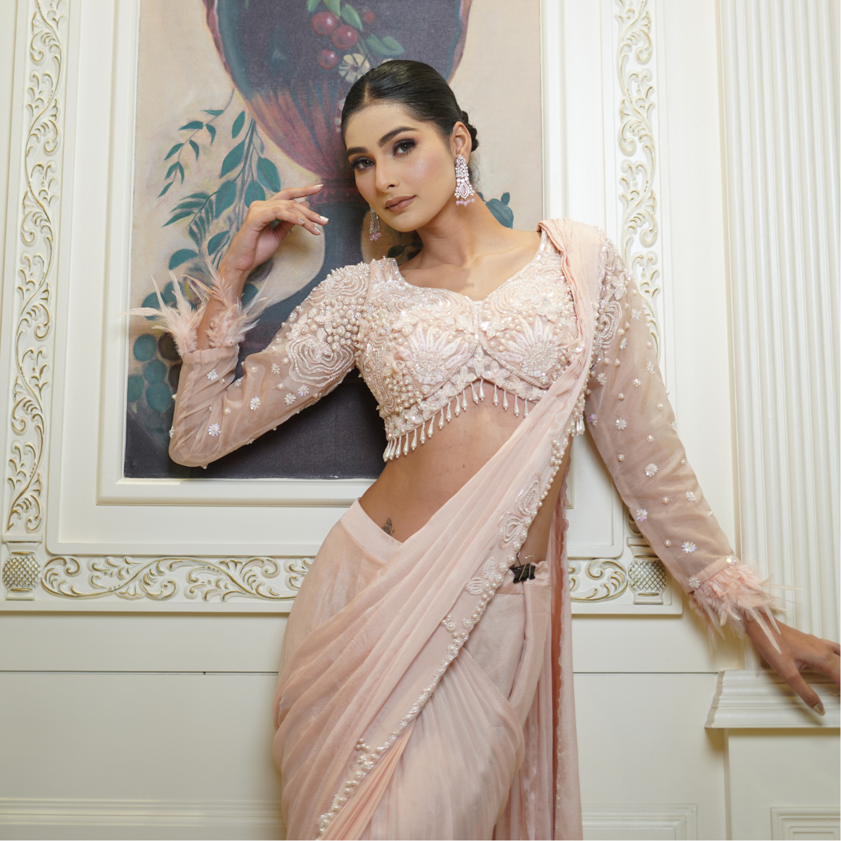 Peach Drape Saree with Fur Detailing