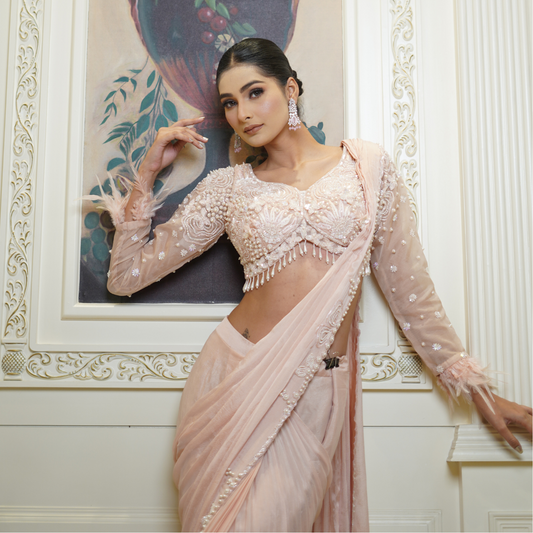 Peach Drape Saree with Fur Detailing