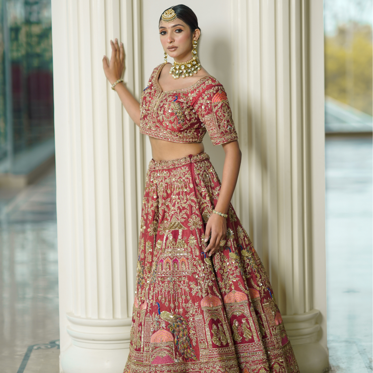 Rust Raw Silk Lehenga with Baraat Motifs