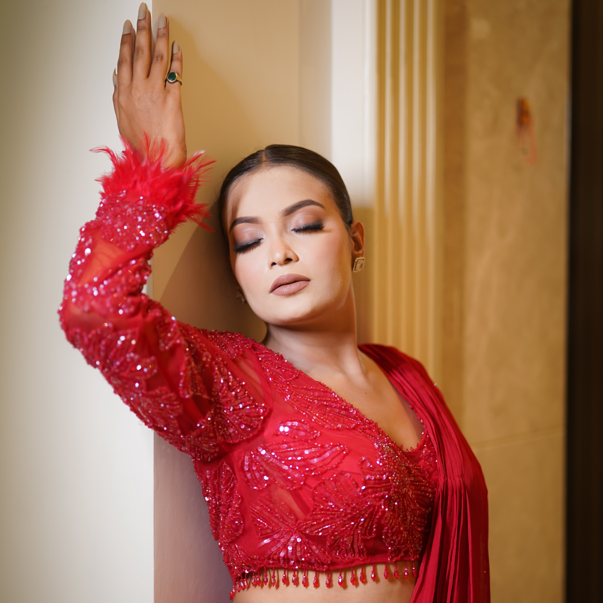 Red Drape Saree with Fur Details