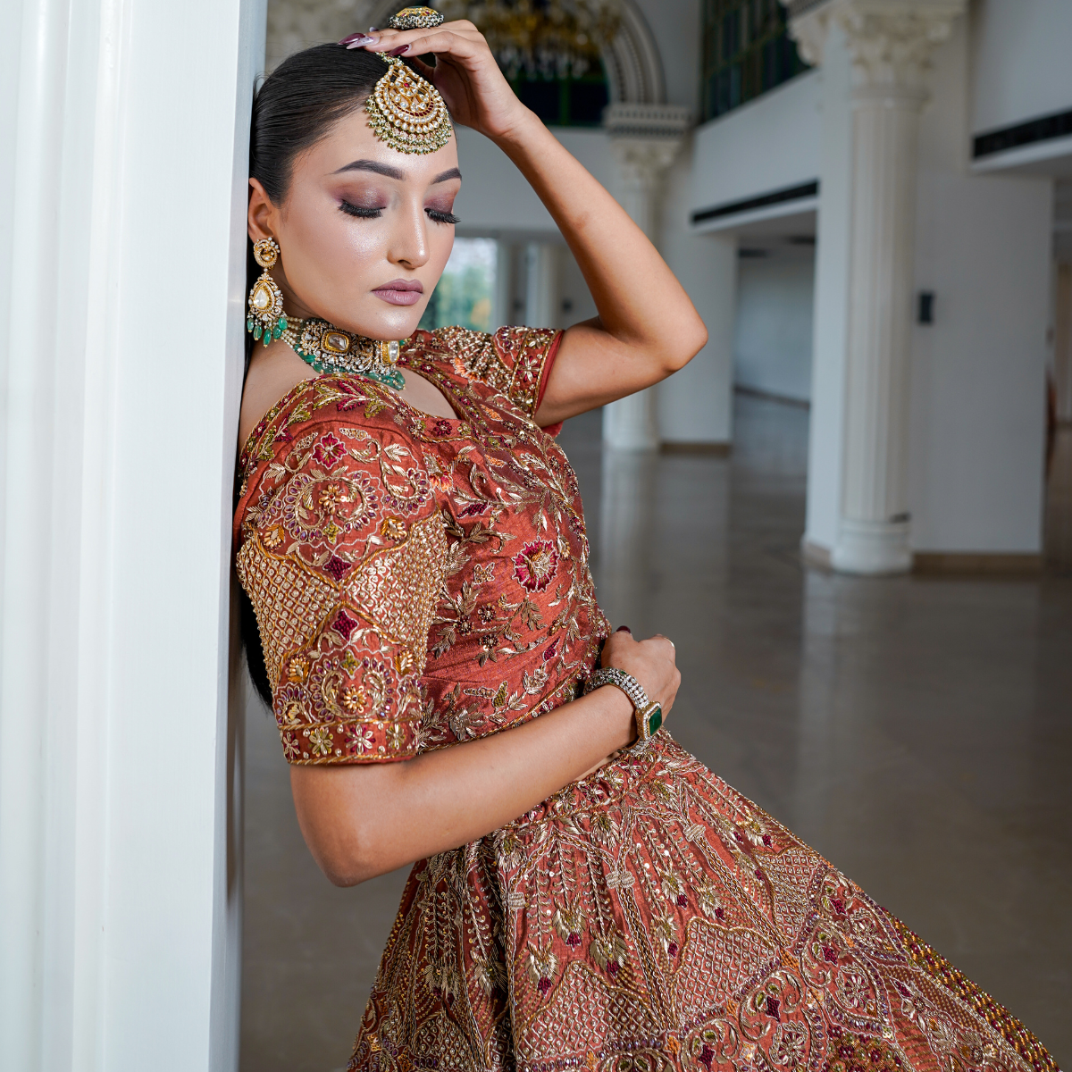 Rust Raw Silk Lehenga with Intricate Hand Embroidery