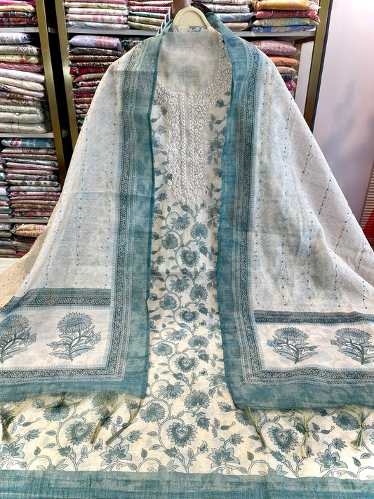 Linen Tissue Unstitched Suit with Knot Work & Printed Dupatta