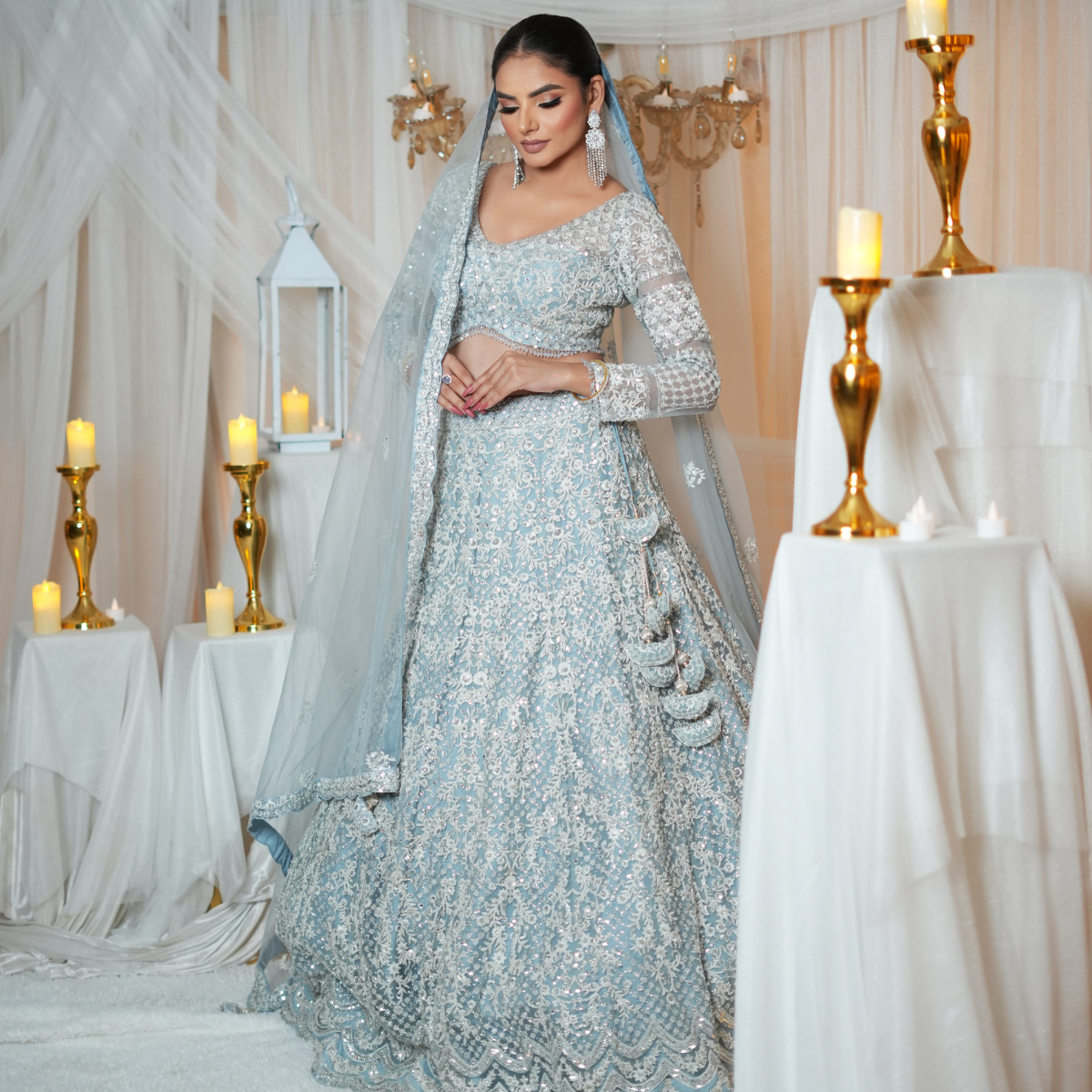 Hand-Embellished Powder Blue Lehenga with Pearl Embroidery