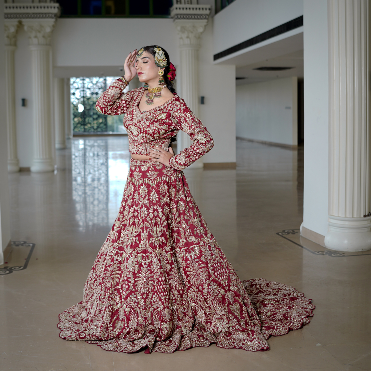 Red Majestic Trail Lehenga with Intricate Hand Embroidery