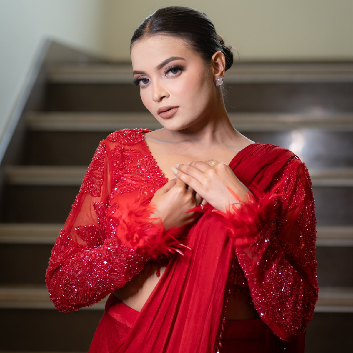 Red Drape Saree with Fur Details