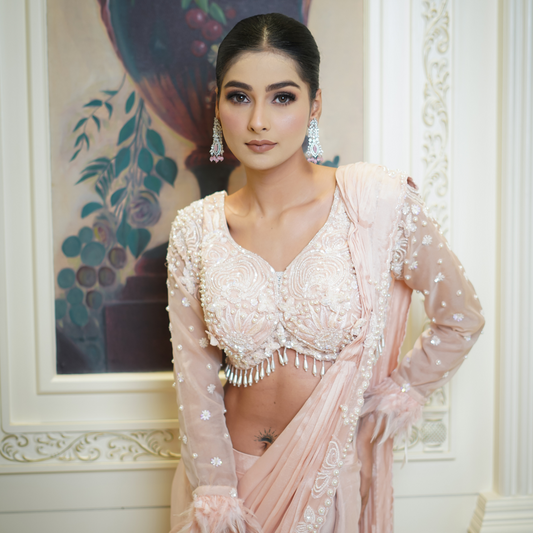 Peach Drape Saree with Fur Detailing