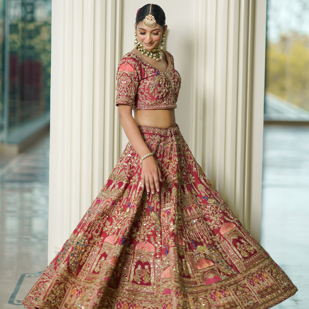 Rust Raw Silk Lehenga with Baraat Motifs