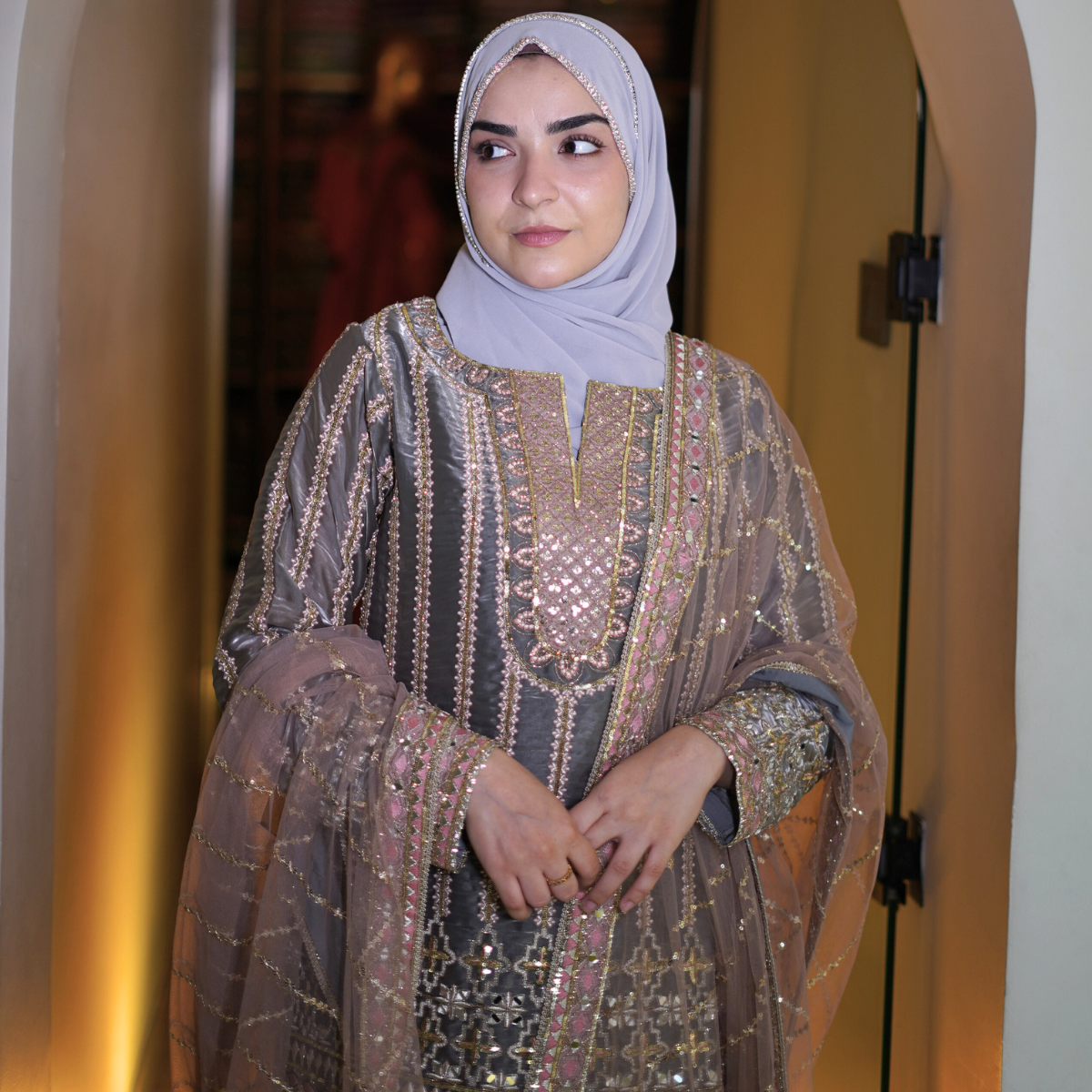 Metallic Grey Hand Embellished Garara Suit