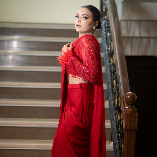 Red Drape Saree with Fur Details