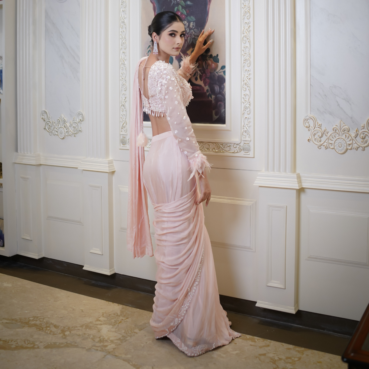 Peach Drape Saree with Fur Detailing