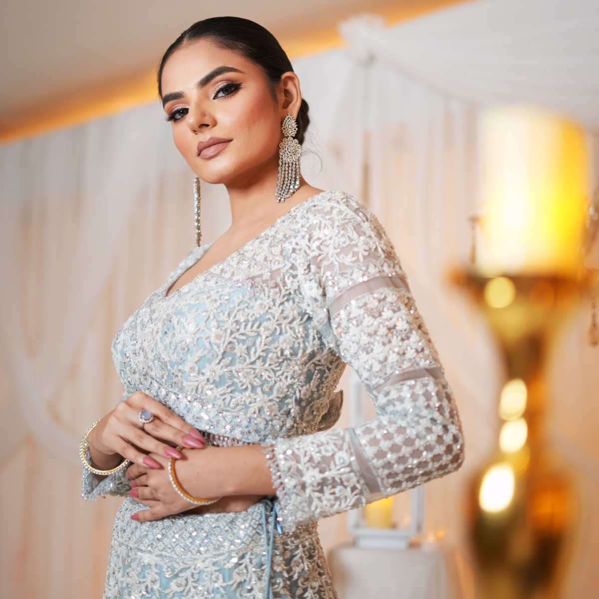Hand-Embellished Powder Blue Lehenga with Pearl Embroidery