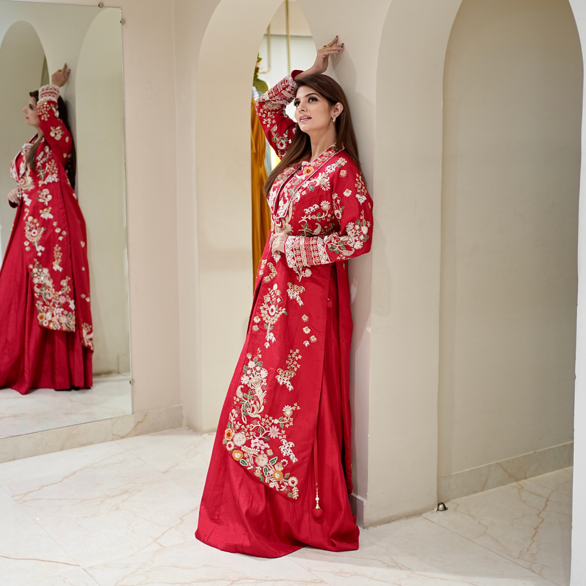 Red Embellished Jacket with Skirt