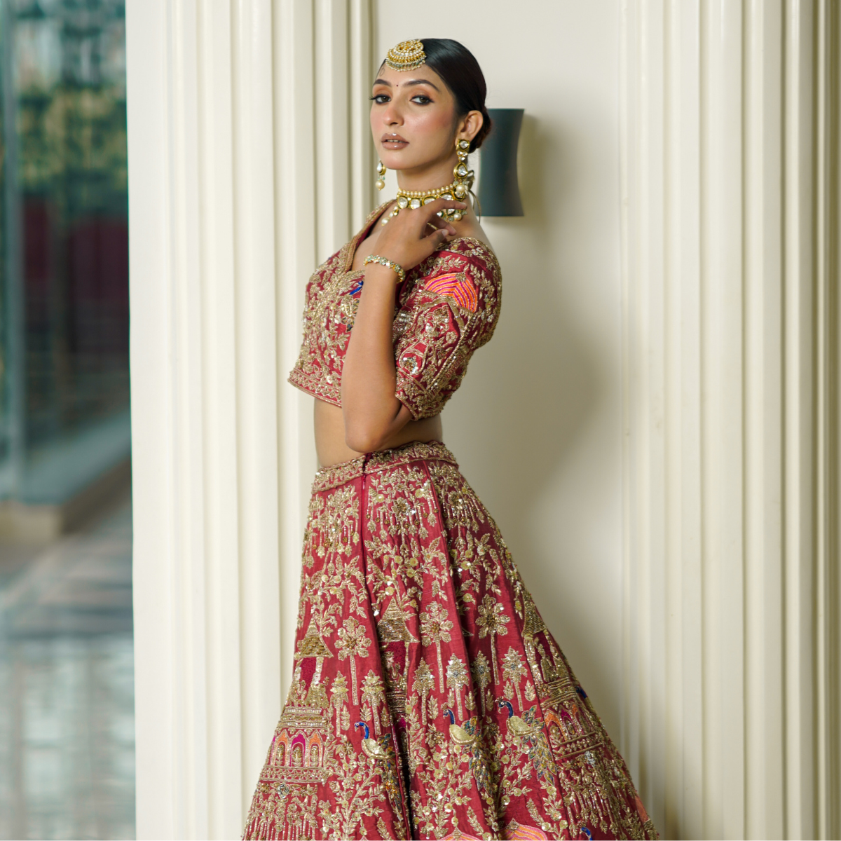 Rust Raw Silk Lehenga with Baraat Motifs