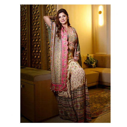 Off White Digital Printed Kaftaan with Garara
