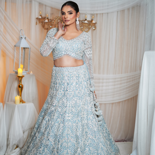 Hand-Embellished Powder Blue Lehenga with Pearl Embroidery