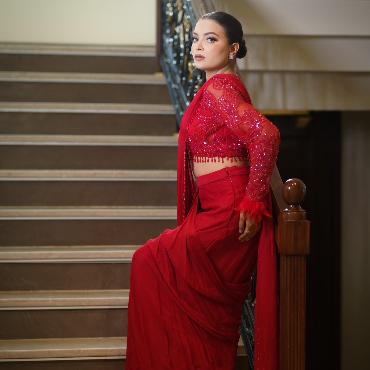 Red Drape Saree with Fur Details