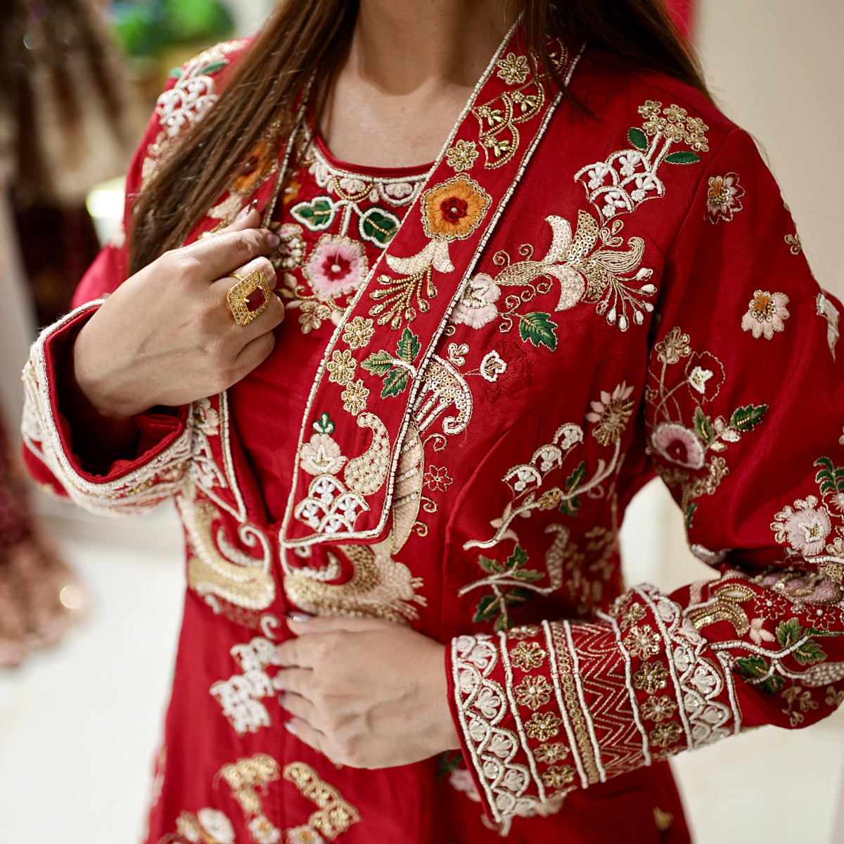 Red Embellished Jacket with Skirt