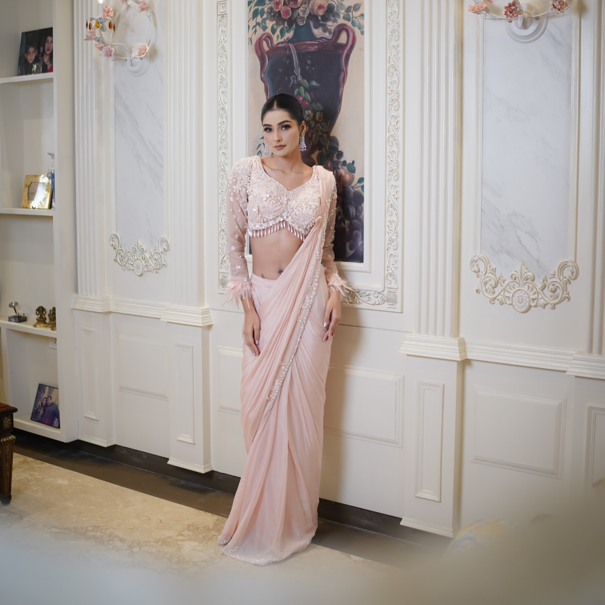 Peach Drape Saree with Fur Detailing