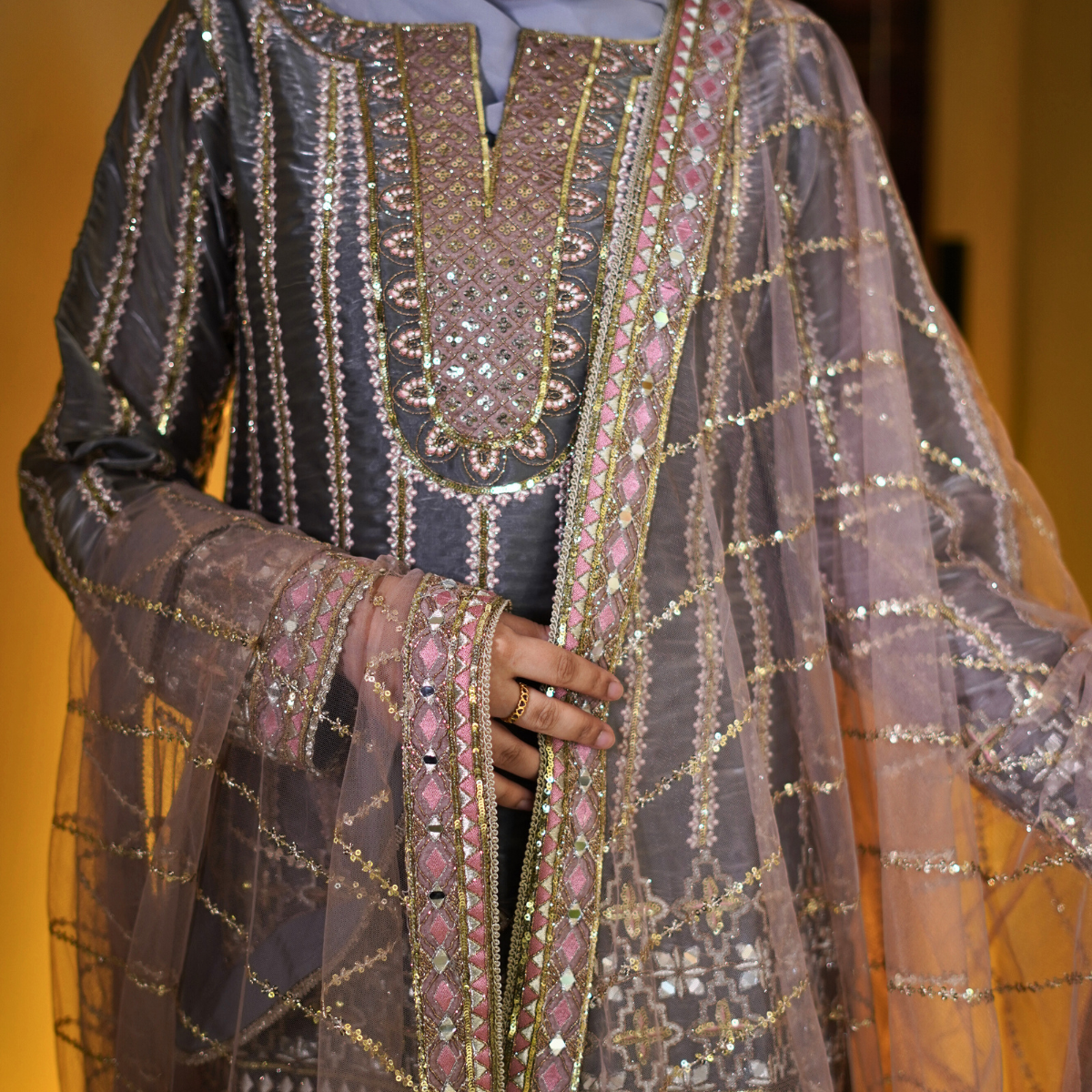 Metallic Grey Hand Embellished Garara Suit