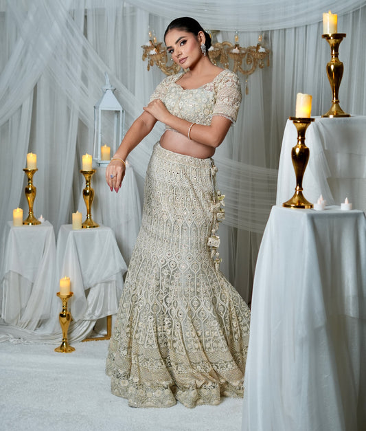 Ivory White Fish Cut Lehenga