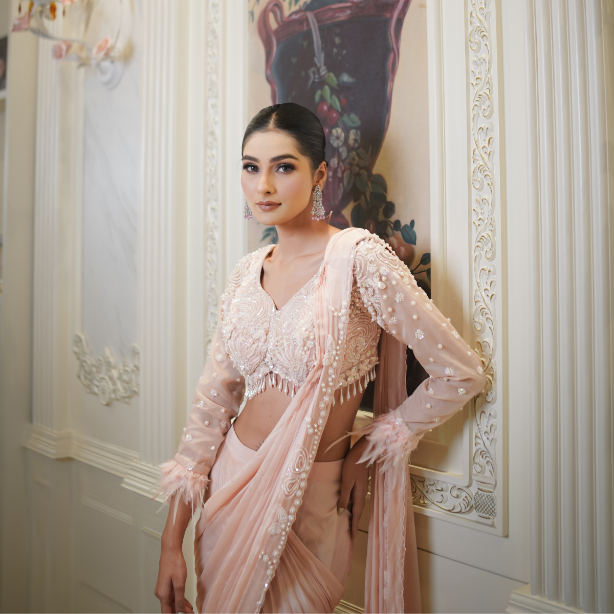 Peach Drape Saree with Fur Detailing