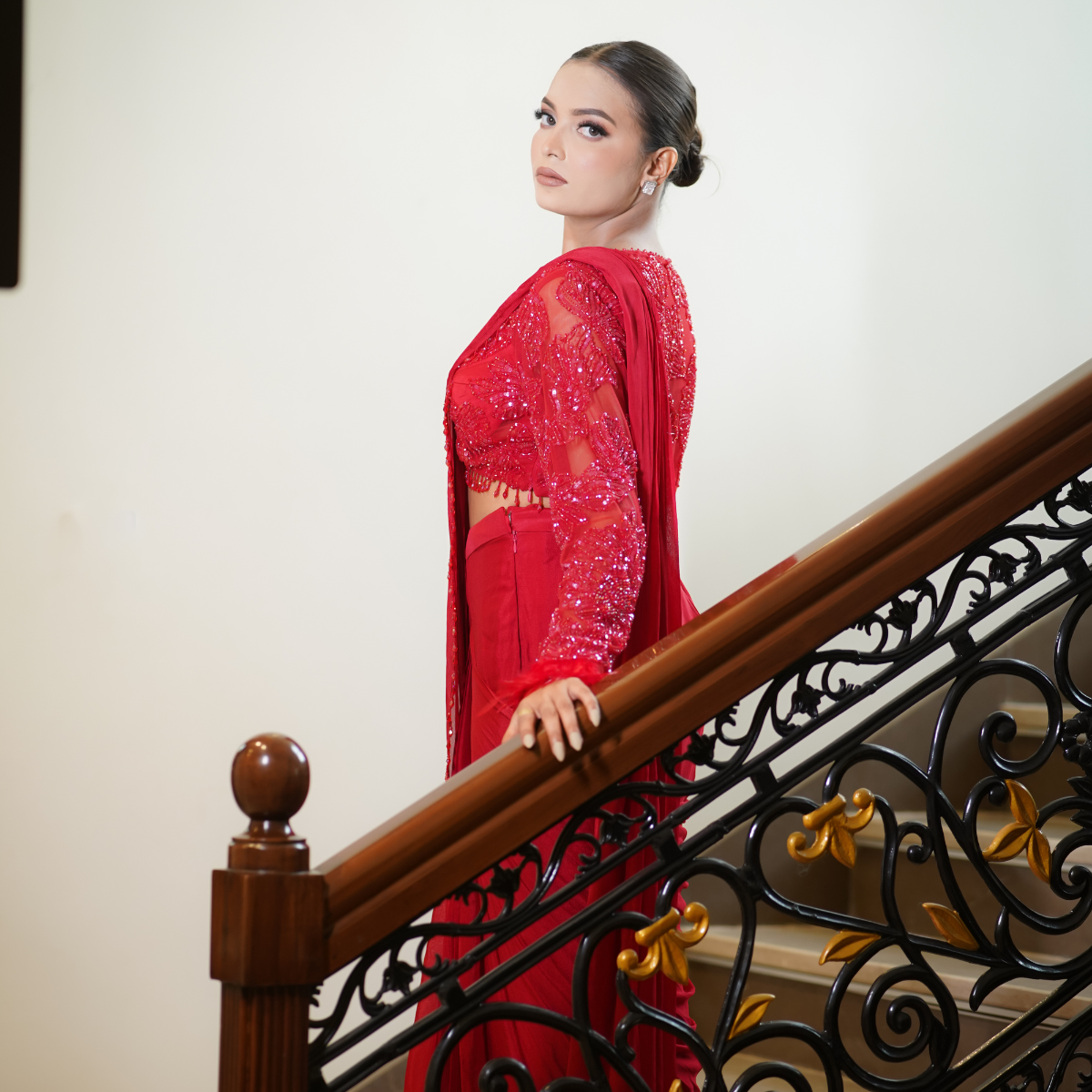 Red Drape Saree with Fur Details