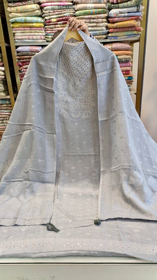Elegant Linen Suit with Zari Work & Matching Dupatta