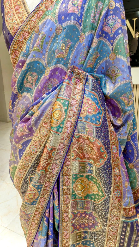 Elegant Modal Crape Saree with Position Print & Handwork