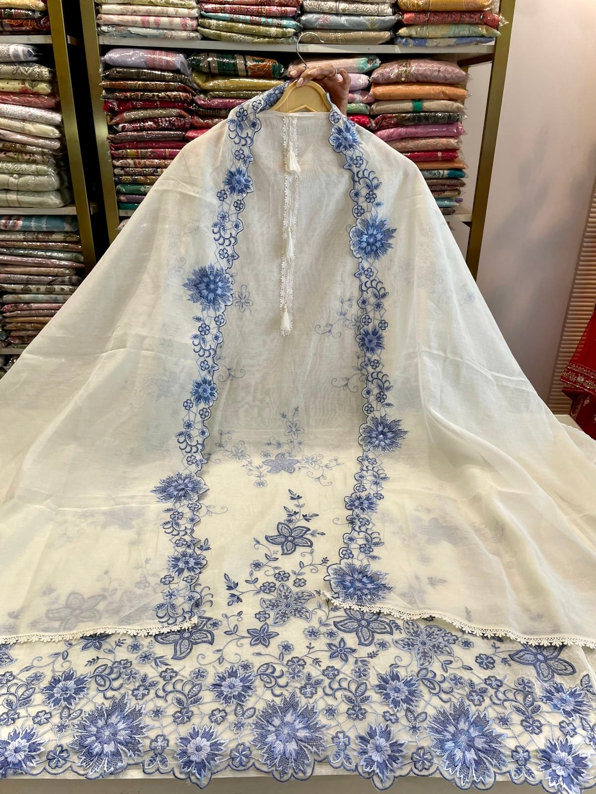 Mul Cotton Unstitched Suit with Resham Work & Lace Border Dupatta