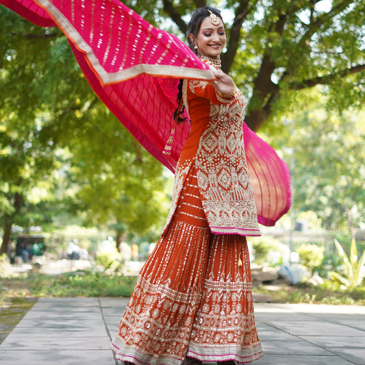 Surkh-Saaz – Hand Embellished Rust Garara Set with Rani Pink Dupatta