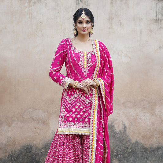 Gul-Rang – Hand Embellished Hot Pink Garara Set