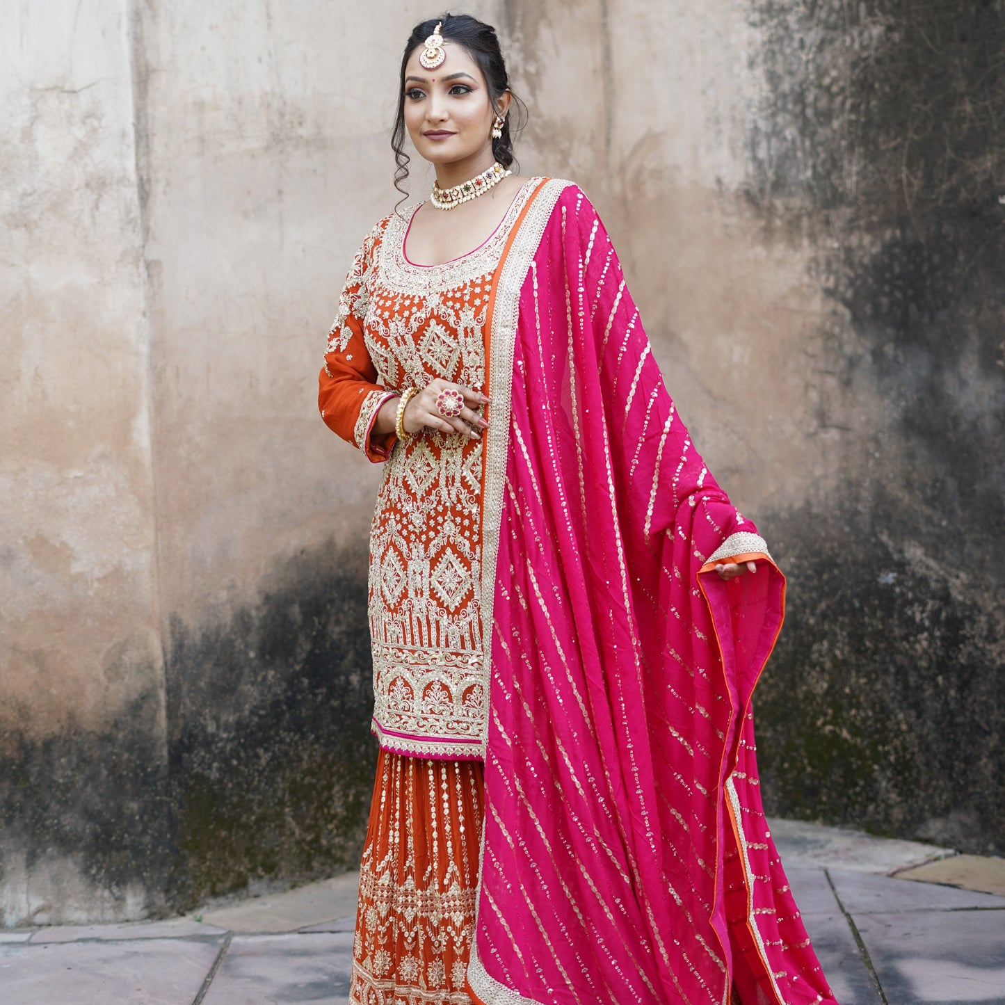 Surkh-Saaz – Hand Embellished Rust Garara Set with Rani Pink Dupatta