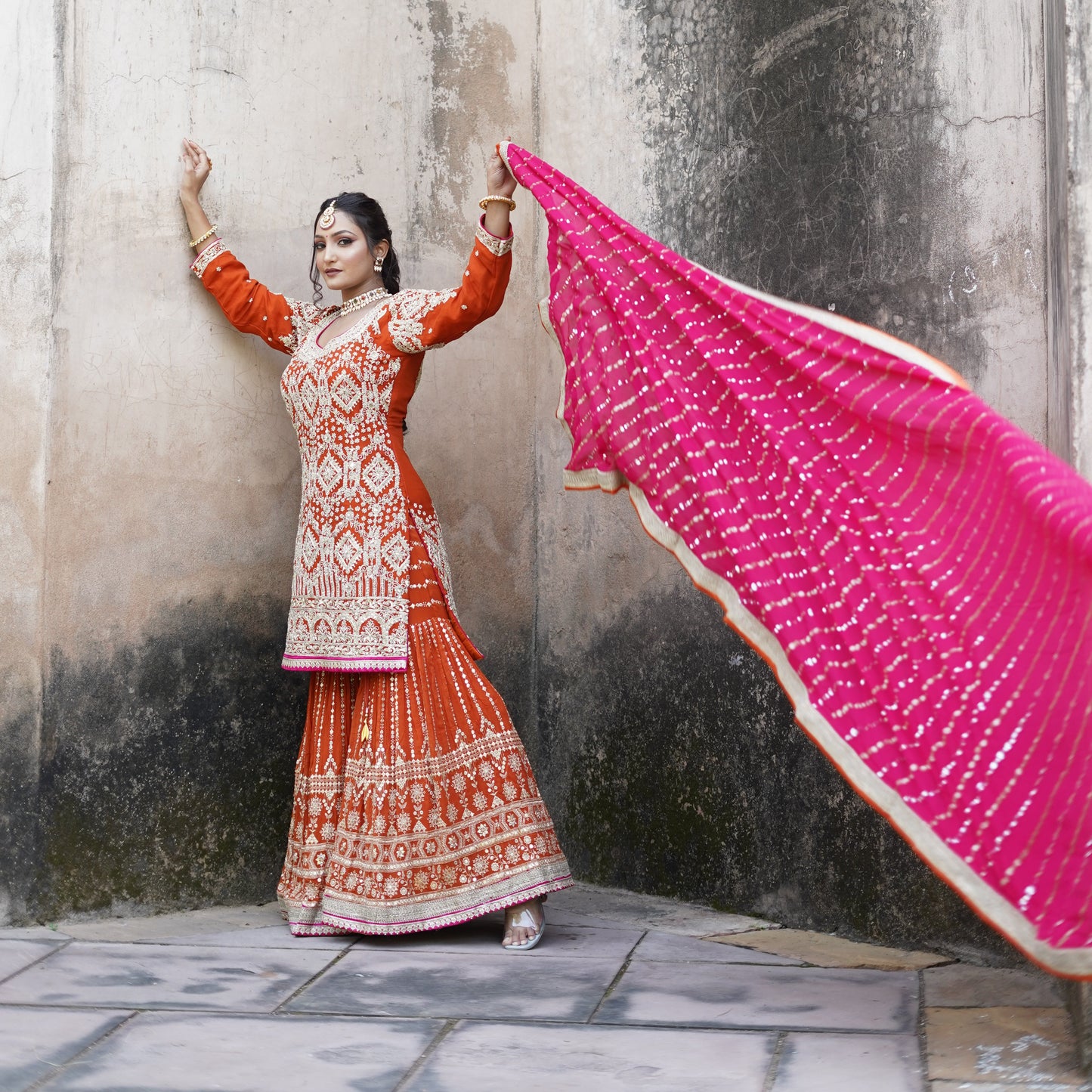 Surkh-Saaz – Hand Embellished Rust Garara Set with Rani Pink Dupatta