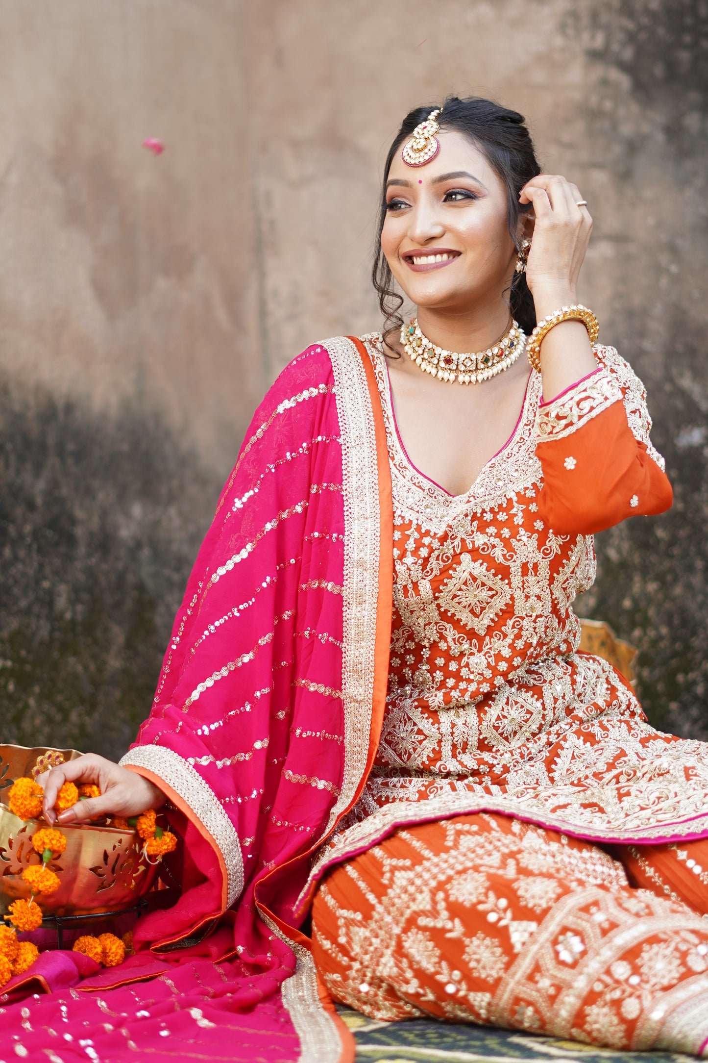 Surkh-Saaz – Hand Embellished Rust Garara Set with Rani Pink Dupatta