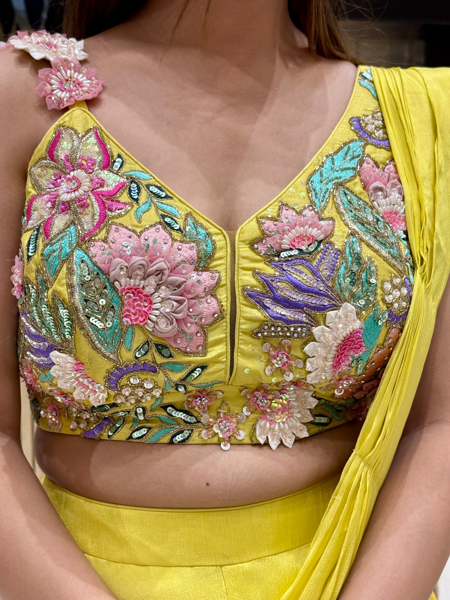 Neon Elegance: Hand-Embellished Drape Sari