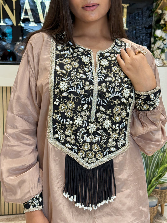 Hand-Embellished Indowestern Drape Skirt Set with Black tassel Charm