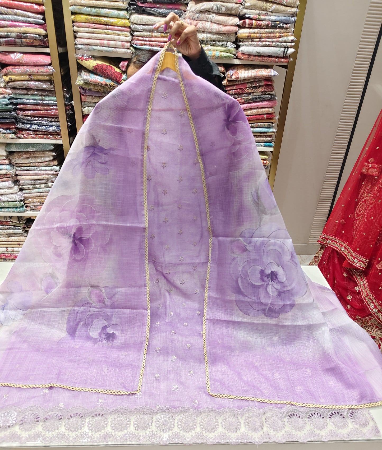 Kota Cotton Unstitched Suit with Resham Flower Cutwork