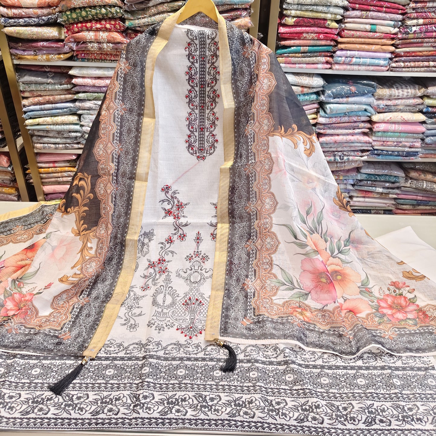 White Linen Flower Print Knot Work Suit
Designer White Linen Unstitched Suit Set
Floral Print Linen Dress Material
White Linen Suit with Dupatta
Festive Wear Linen Cotton Suit