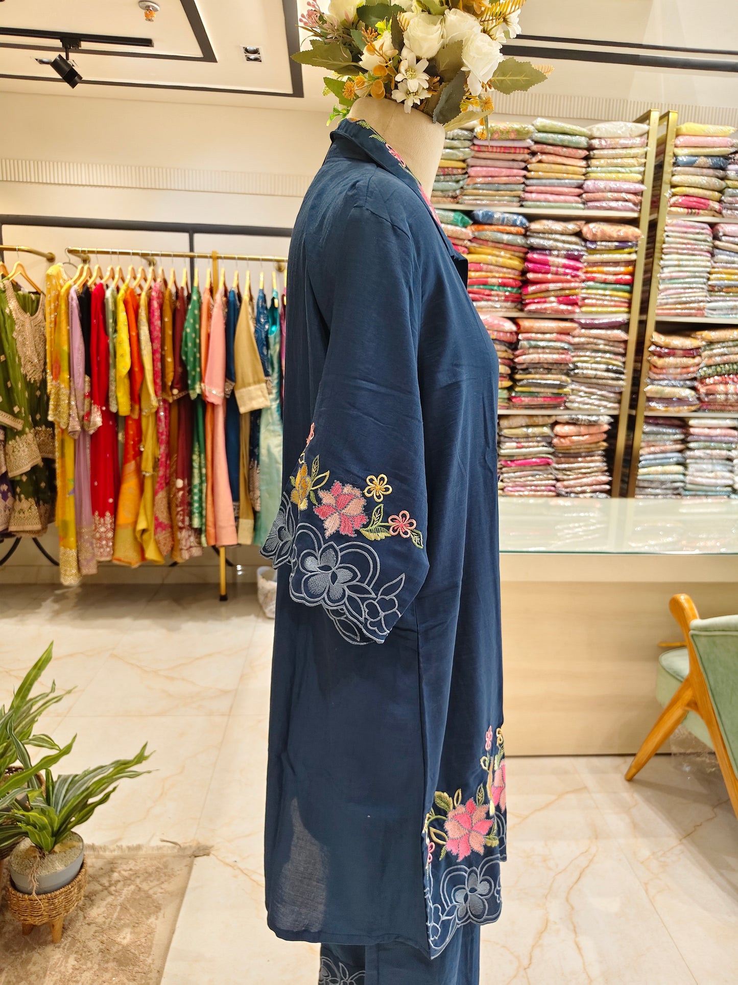 Navy Blue Muslin Co-Ord Set with Resham Work