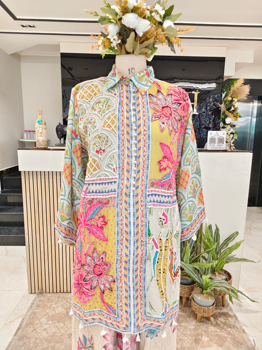 Multi Linen Co-Ord Set with Dori Handwork