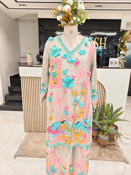 Beige Jute Multi Print Co-Ord Set with Poth Work