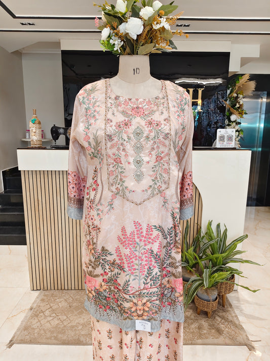 Fawn Crape Printed Co-Ord Set with Stone Work