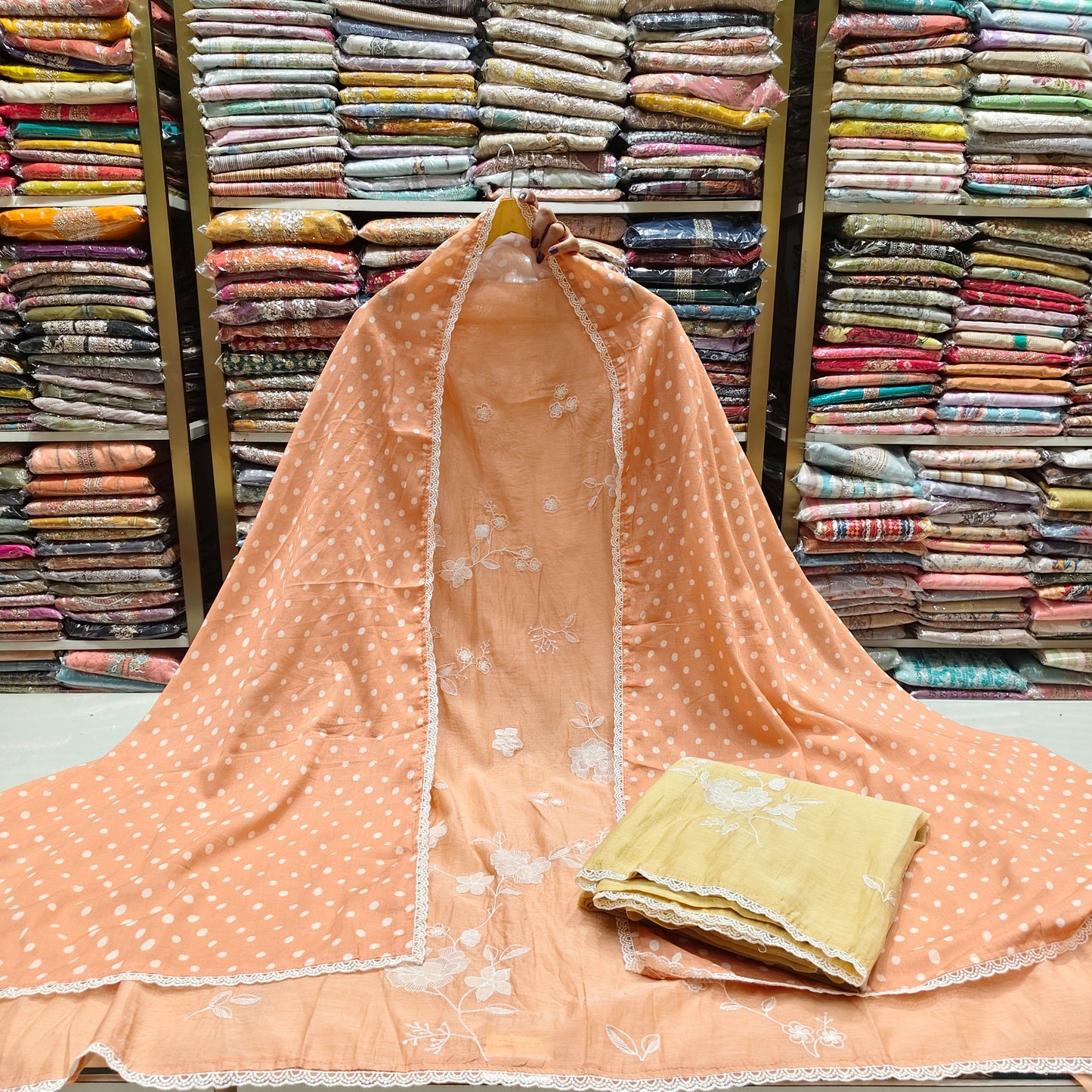 Mul Unstitched Suit Set
Applique Work Mul Suit
Cotton Bottom Suit Material
Polka Dot Dupatta Suit
Women's Ethnic Mul Wear