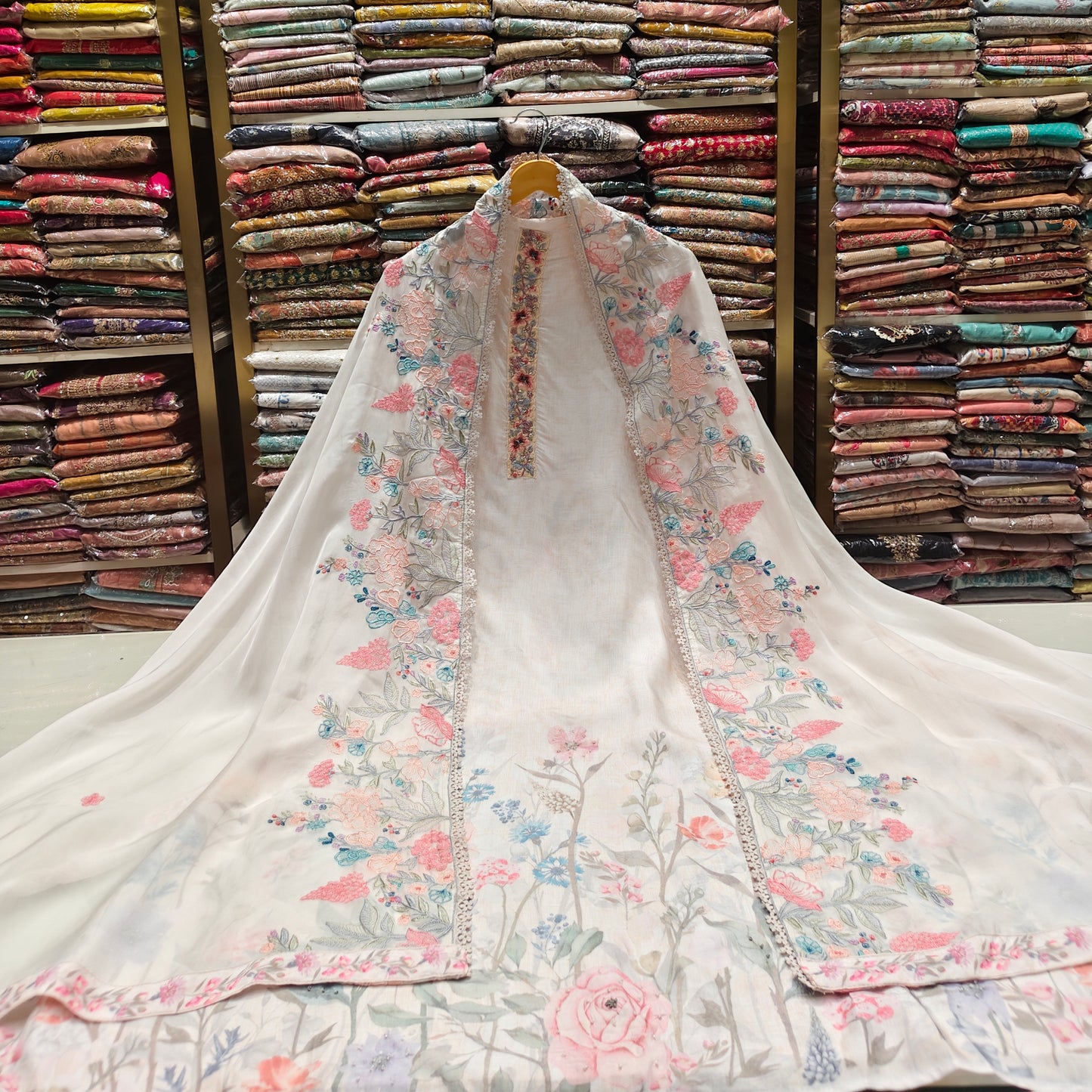 Floral Muslin Suit Set with Sequins & Knot Work