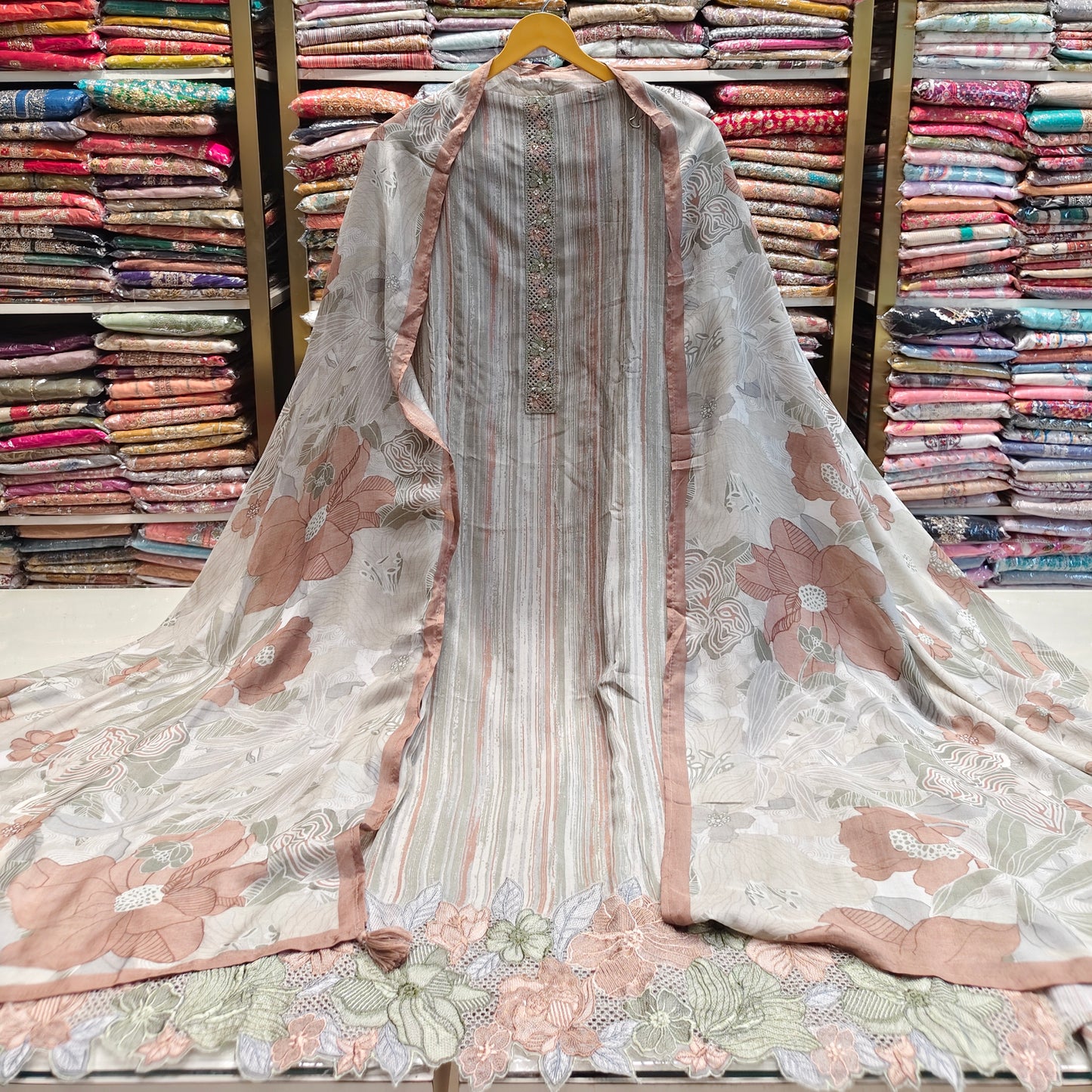 Floral Muslin Suit with Resham Neck Work