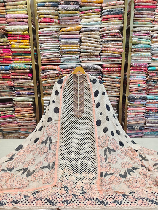 Muslin Dot Print Suit with Gota Work Neck