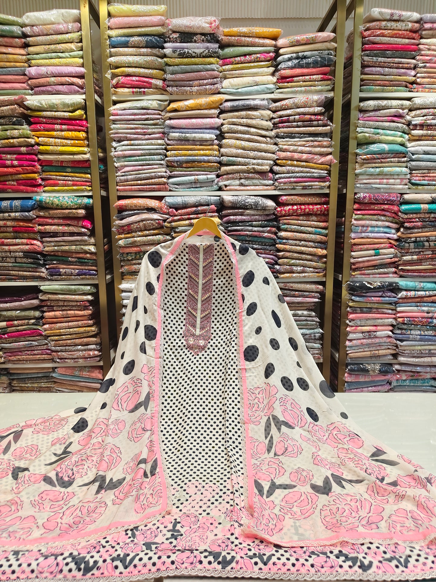 Muslin Dot Print Suit with Gota Work Neck